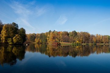 Idyllic  park area near blue lake
