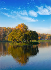 Idyllic  park area near blue lake