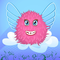 Smiling creature with wings on a cloud
