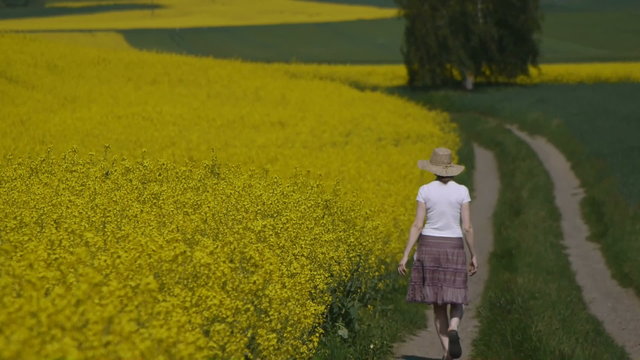 HD1080p Jung Frau geht auf dem Landweg neben Rapsfeld