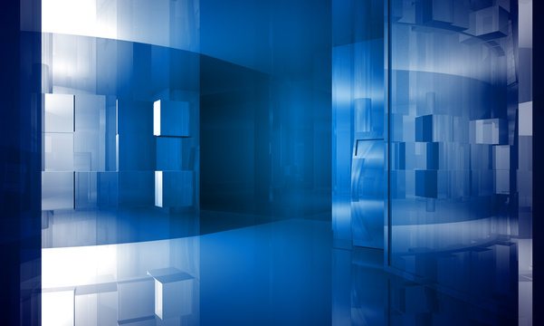 Indoor building. Office space with blue light effects