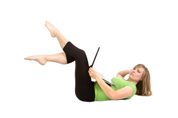 Woman on back with laptop toes up