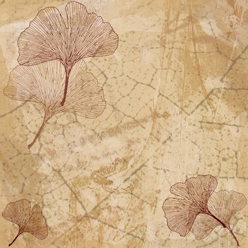 Fond Feuillage et Feuilles Ginkgo en Beige - Illustration