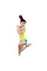 Girl jumping isolated on white background .