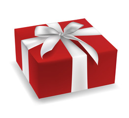 Red gift box with white satin ribbon vector illustration.
