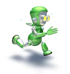 Cercles muraux Robots Joli personnage de robot en métal vert exécutant un sprint