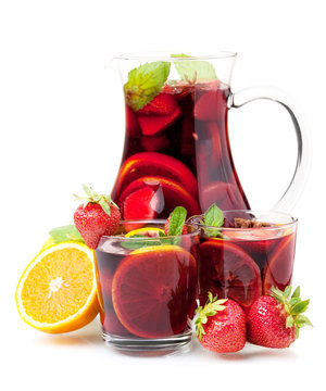 Refreshing Fruit Sangria In Jug And Two Glasses