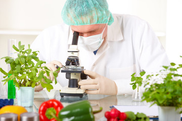 Researcher with microscope with a GMO vegetables in the laborato