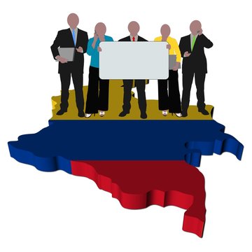 business team with sign on Colombia map flag illustration