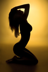 sexy woman silhouette and yellow background - obrazy, fototapety, plakaty