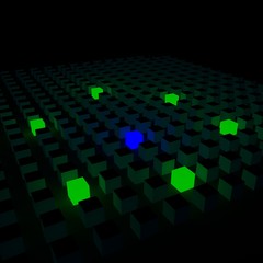 glowing blue cube surrounded in green cubes in dark