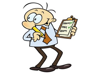 A smiling clerk checking a list