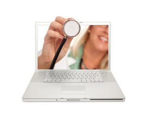 Female Doctor Holding Stethoscope Through Laptop Screen