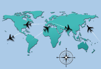 Airline travel plane flight paths on world map