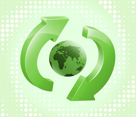 Green recycling-refreshing symbol with Earth in its center