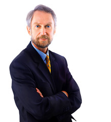 Positive business woman smiling over white background.
