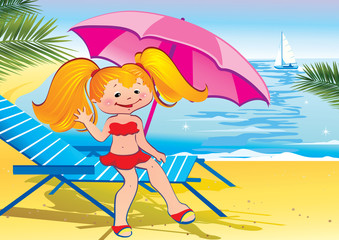 In holiday at the sea. A happy girl on the beach.