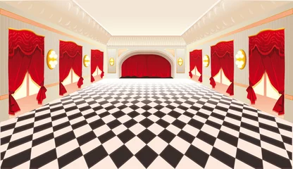 Türaufkleber Interior with red curtains and tiled floor. Vector illustration. © ddraw