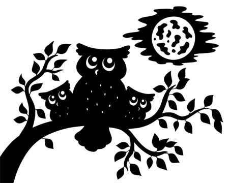 recommend clip art: Silhouette of three owls on branch