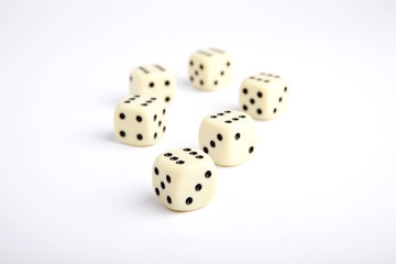 Six dice isolated, all sixes, slight vignetting