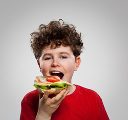 Boy eating big sandwich