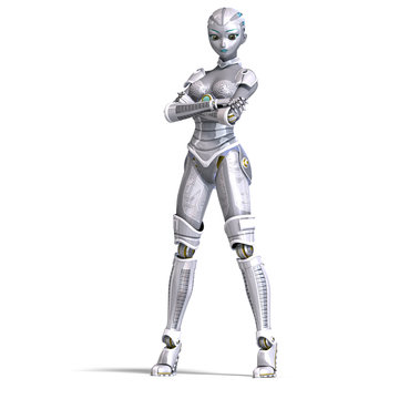 female sexy metallic robot. 3D rendering with clipping path and