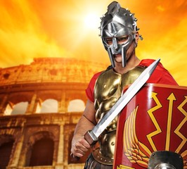 Legionary soldier in fron of coliseum