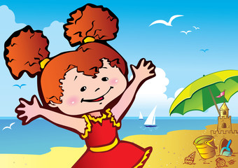Obraz na płótnie Canvas In holiday at the sea. A happy girl on the beach.