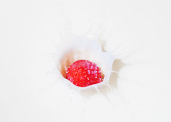 Fresh strawberry splashing into milk