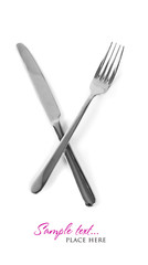 a Knife and fork stacked up on a pure white background