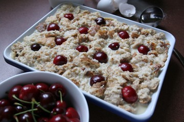 Soufflé with cherries fresh prepared, short before baking