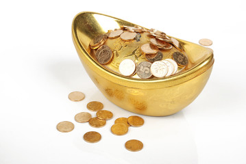 shoe-shaped gold ingot with coins