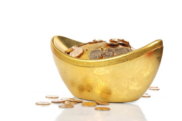 shoe-shaped gold ingot with coins
