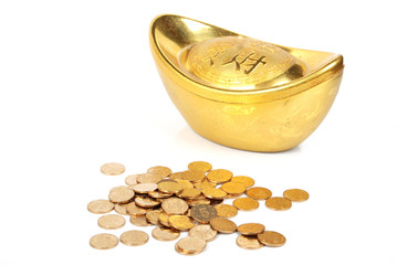 shoe-shaped gold ingot with coins