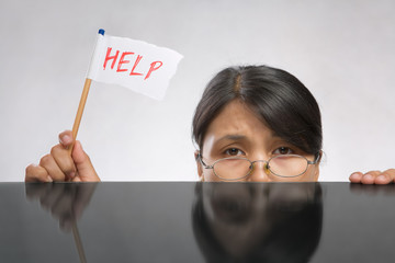 Woman holding help flag