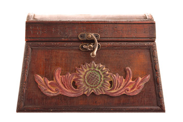 Closed old brown treasure chest isolated on white