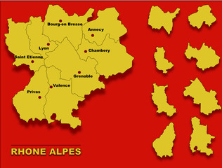 carte rhone alpes jaune et rouge avec ses villes
