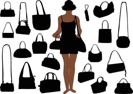 woman and handbags on white