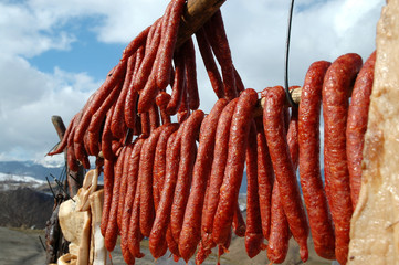 Hanging smoke-dried sausage