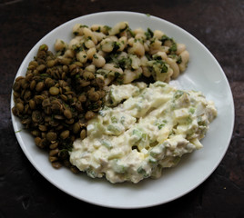 potato salad, hummus chickpea, and green chick pea appetizers