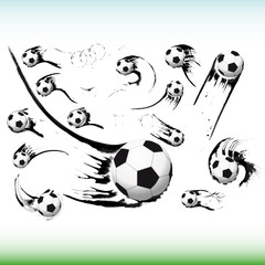 Set of flying soccer balls.