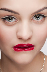 Closeup beautiful emotional glamour woman with red lips. Vogue