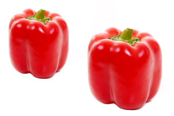 Two red paprikas isolated on white, studio shot