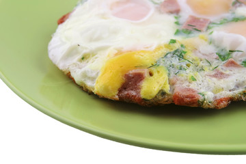 fried eggs close up on green dish