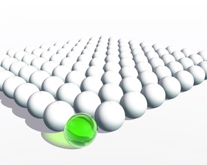 Conceptual crowd of spheres with one green glass sphere