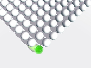 Conceptual crowd of spheres with one green glass sphere