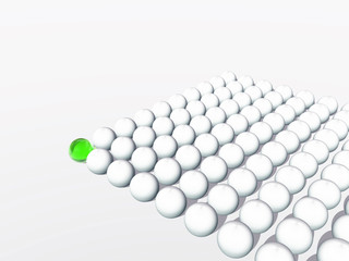 Conceptual crowd of spheres with one green glass sphere