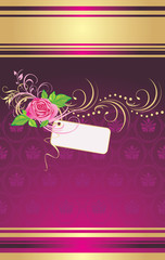 Pink rose with card and ornament on the decorative background