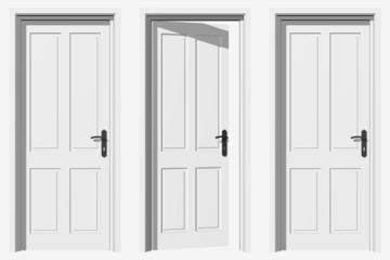 High resolution conceptual 3d doors in a row with one opened