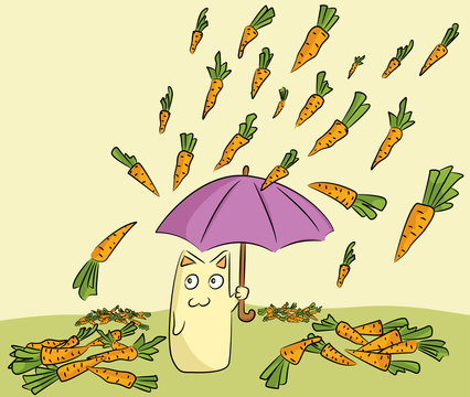 Cat With Umbrella Under The Carrot Rain